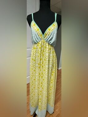 Lovestitch Geometric Print Tie-Back Maxi Dress Mint Green Lime Boho M
